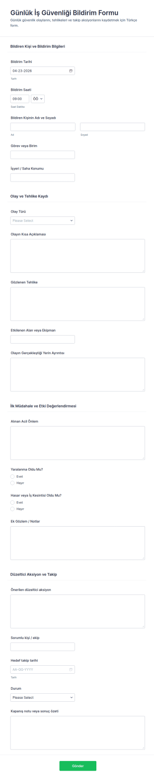Günlük Güvenlik Raporlama Form Şablonu