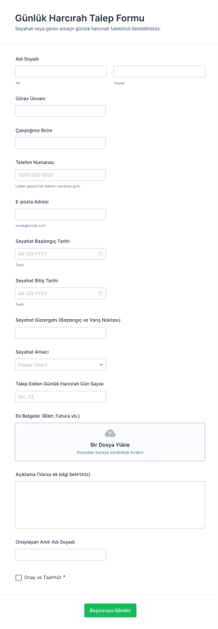 Günlük Harcırah Talep Formu Form Template