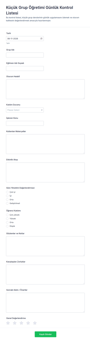 Günlük Küçük Grup Talimatları Kontrol Listesi Form Şablonu