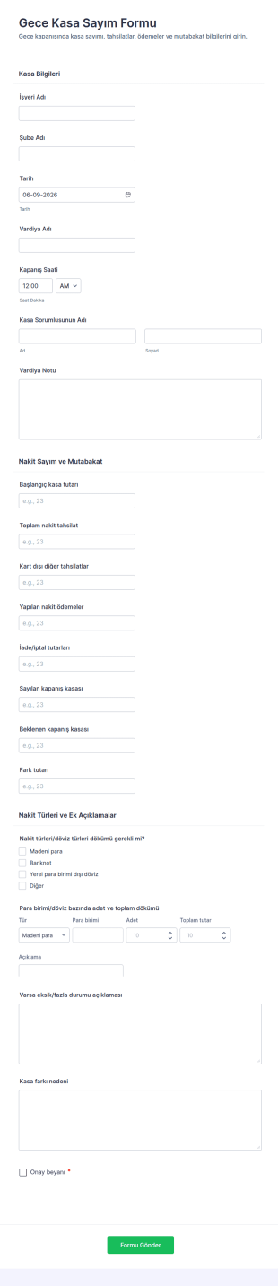 Günlük Nakit Toplama Çizelgesi Form Şablonu