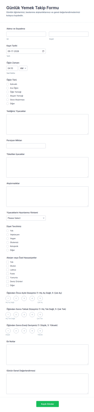 Günlük Öğün Takip Form Şablonu