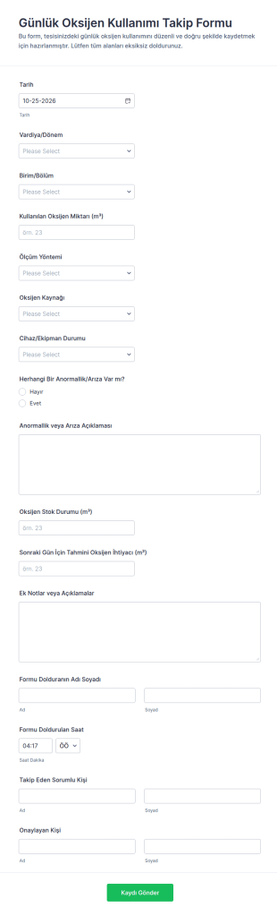 Günlük Oksijen Kullanım Raporu Form Şablonu