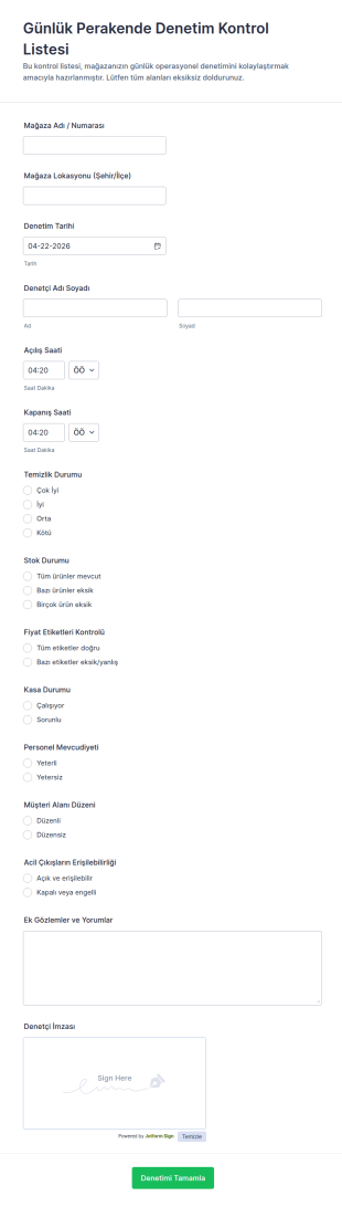 Günlük Perakende Denetim Form Şablonu