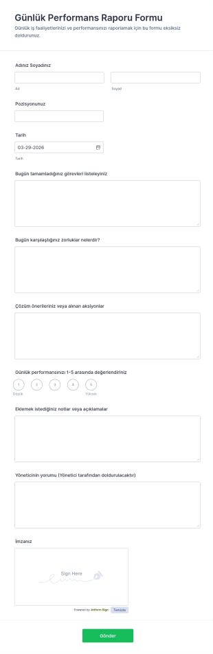 Günlük Performans Raporu Form Şablonu