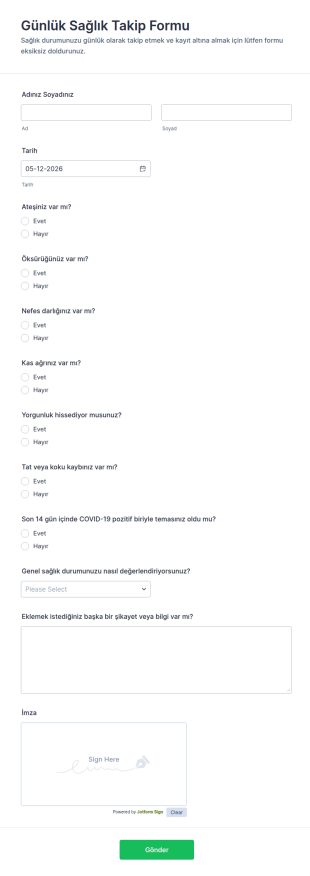 Günlük Sağlık Takip Form Şablonu