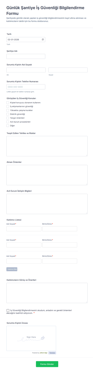 Günlük Şantiye İş Güvenliği Bilgilendirme Form Şablonu
