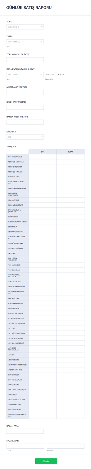 Günlük Satış Raporu Form Template
