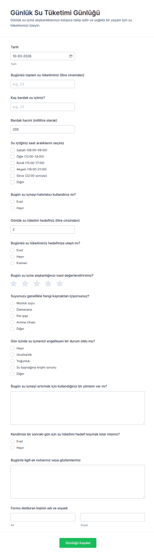 Günlük Su Tüketimi Takip Form Şablonu
