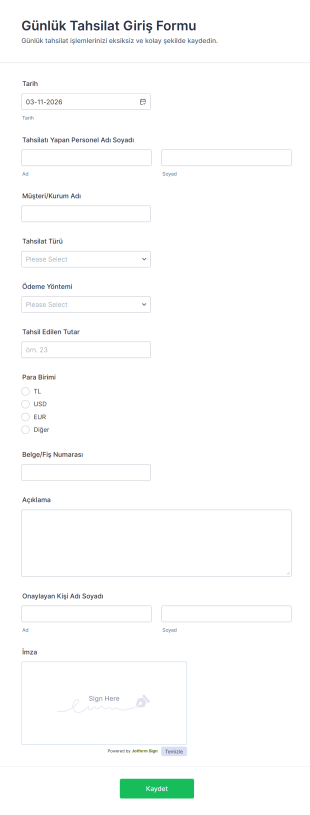 Günlük Tahsilat Giriş Form Şablonu