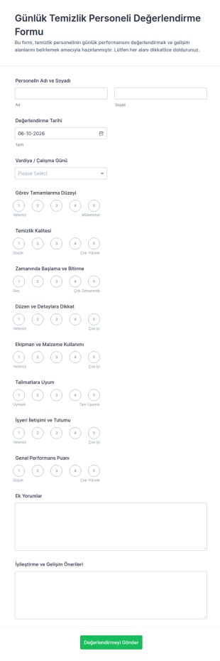 Günlük Temizlik Personeli Değerlendirme Anketi Form Şablonu
