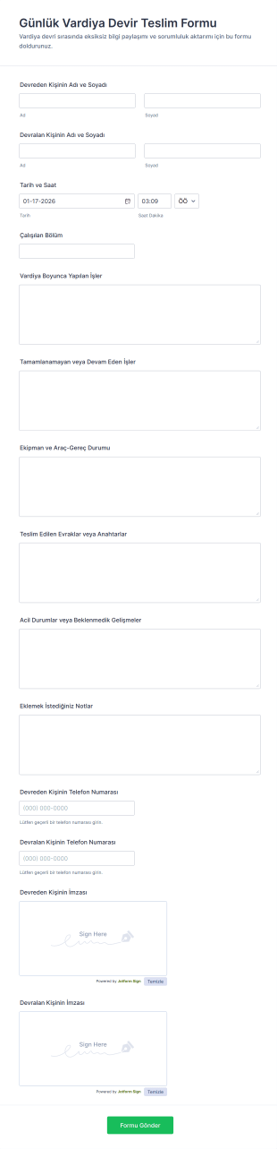 Günlük Vardiya Devir Teslim Form Şablonu