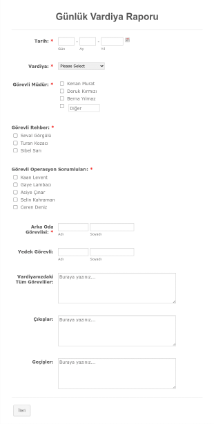 Günlük Vardiya Raporu Form Template