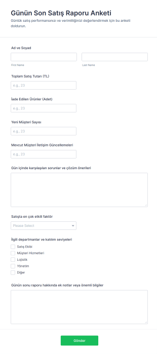Günün Son Satış Raporu Anketi Form Şablonu