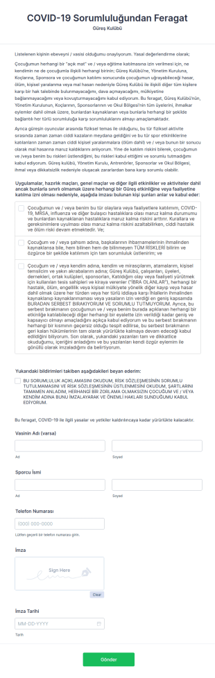 Güreş Kulübü COVID 19 Sorumluluğundan Feragat Form Şablonu