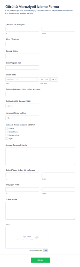 Gürültü Maruziyeti İzleme Form Şablonu