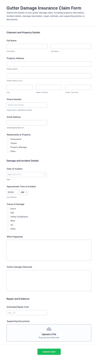 Gutter Damage Insurance Claim Form Template
