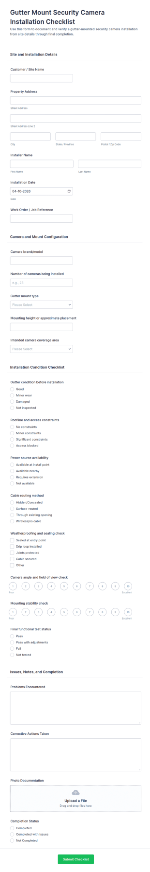 Gutter Mount Security Camera Installation Checklist Form Template