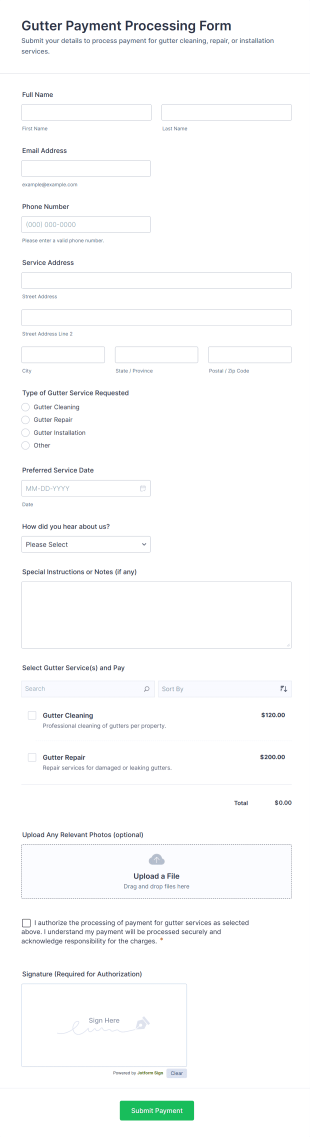 Gutter Payment Processing Form Template