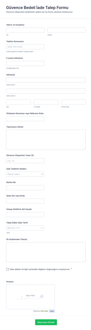 Güvence Bedeli İade Talep Form Şablonu