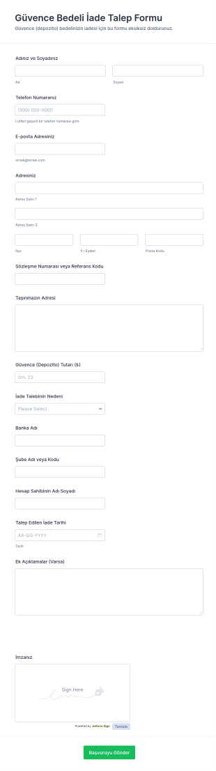 Güvence Bedeli İade Talep Form Şablonu