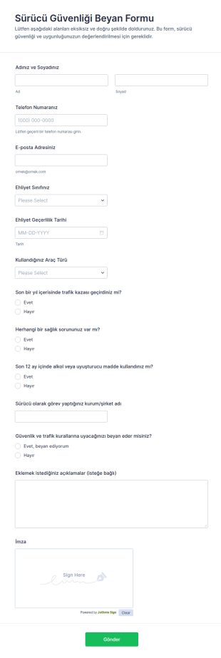 Güvenli Sürüş Beyanı Formu 🚗 Form Şablonu
