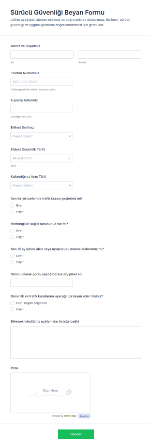 Güvenli Sürüş Beyanı Formu 🚗 Form Şablonu
