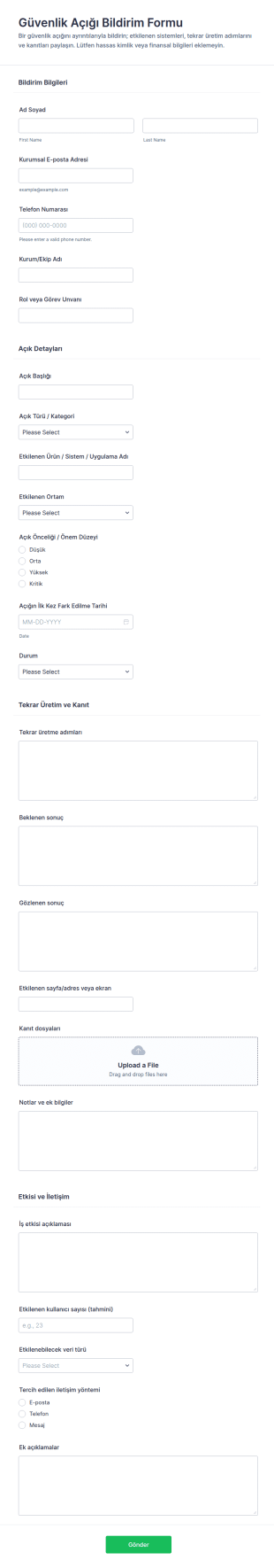 Güvenlik Açığı Bildirim Form Şablonu