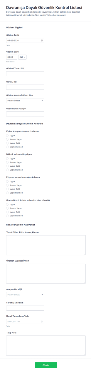Güvenlik Davranışlarına Dayalı Kontrol Listesi Form Şablonu