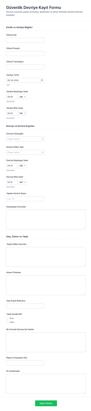 Güvenlik Devriye Kayıt Form Şablonu