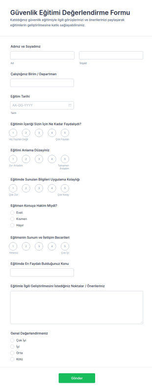 Güvenlik Eğitimi Değerlendirme Anketi Form Şablonu