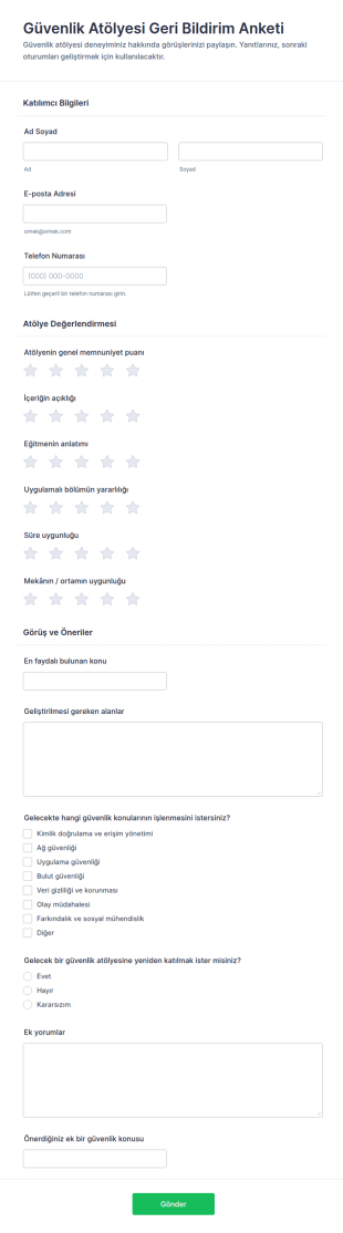 Güvenlik Eğitimi Geri Bildirim Anketi Form Şablonu