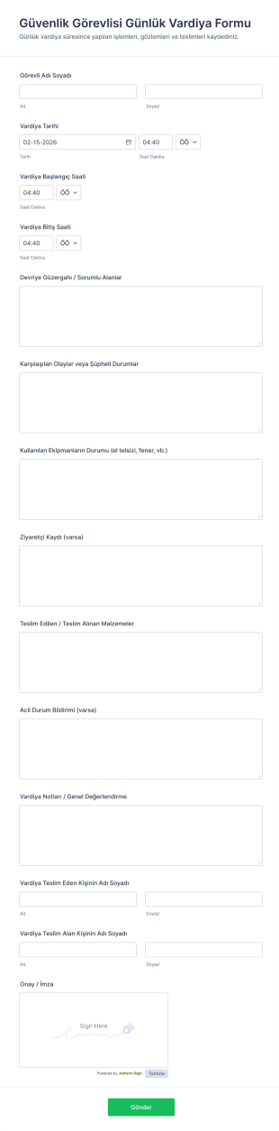 Güvenlik Görevlisi Günlük Vardiya Form Şablonu