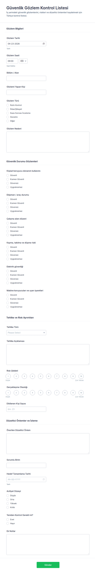 Güvenlik Gözlem Kontrol Listesi Form Şablonu