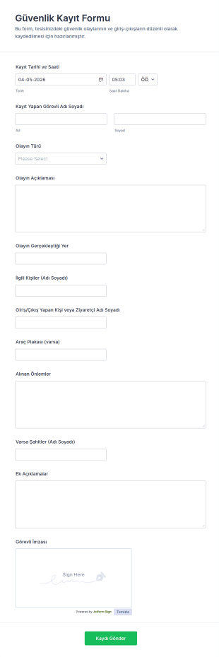 Güvenlik Günlüğü Form Şablonu