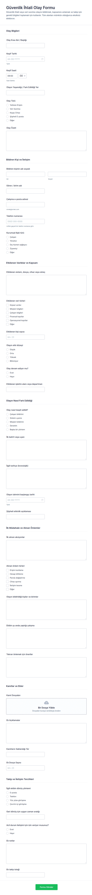 Güvenlik İhlali Olayları Anketi Form Şablonu