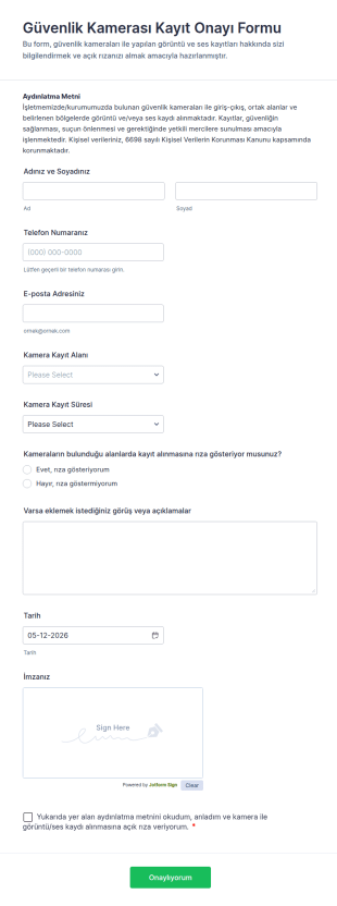 Güvenlik Kamerası Kayıt Onayı Form Şablonu