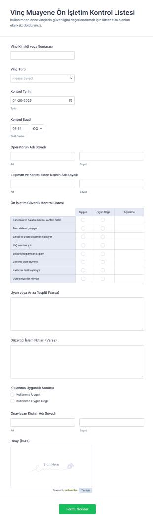 Güvenlik Kontrolü Öncesi Kontrol Listesi Form Şablonu