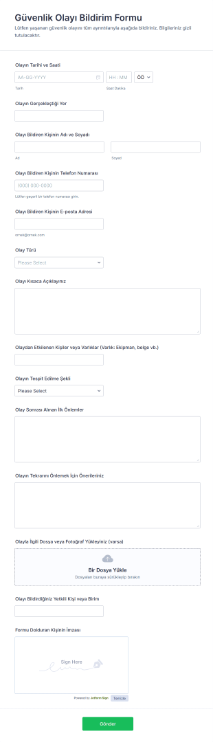Güvenlik Olayı Bildirim Form Şablonu