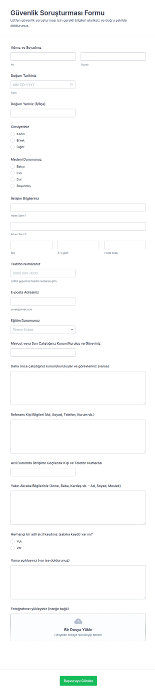 Güvenlik Soruşturması Form Şablonu