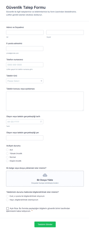 Güvenlik Talep Form Şablonu