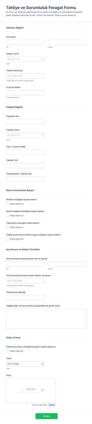 Güvenlik Ve Feragatname Form Şablonu