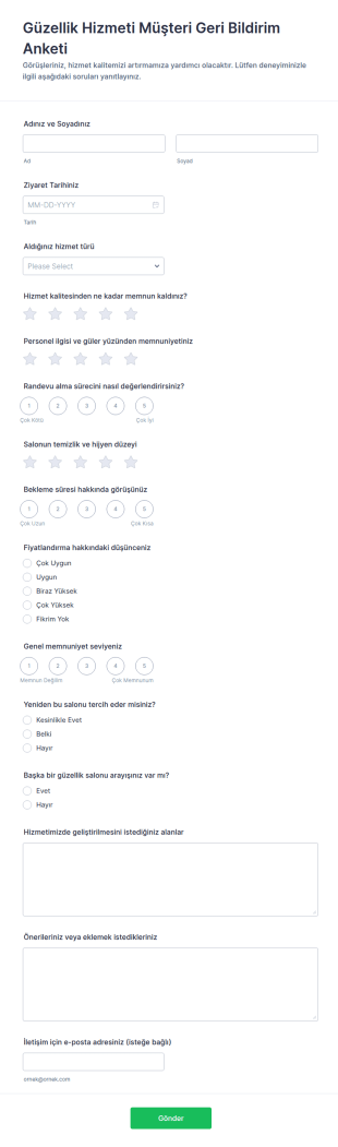Güzellik Hizmeti Geri Bildirim Anketi Form Şablonu