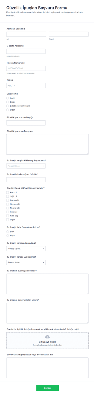 Güzellik İpucu Gönderim Form Şablonu