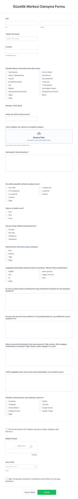Güzellik Merkezi Danışma Form Template