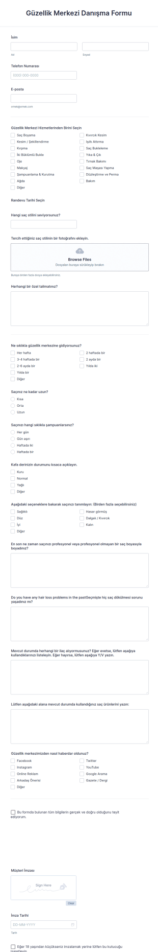 Güzellik Merkezi Danışma Form Şablonu