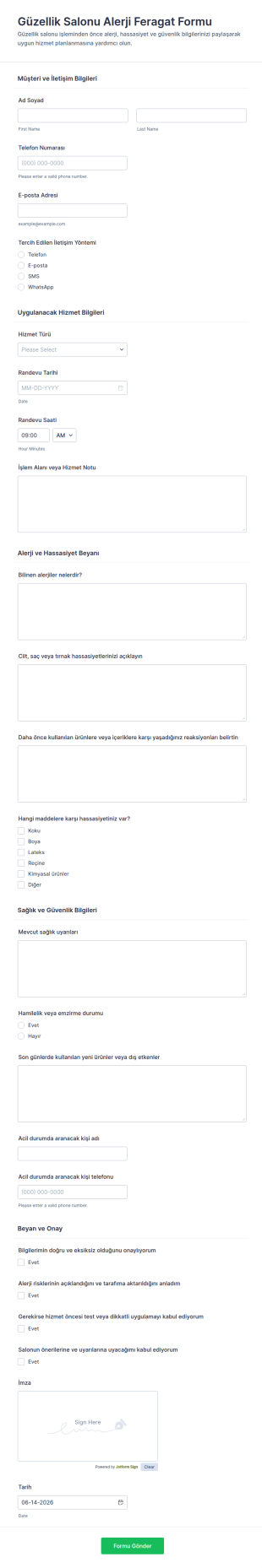 Güzellik Salonu Alerji Feragatname Form Şablonu