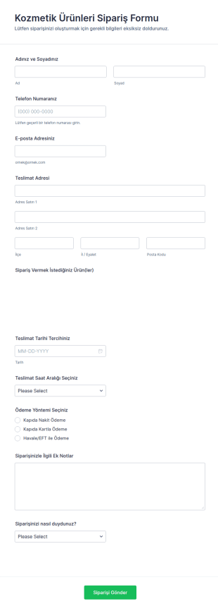 Güzellik Ürünleri Sipariş Form Şablonu