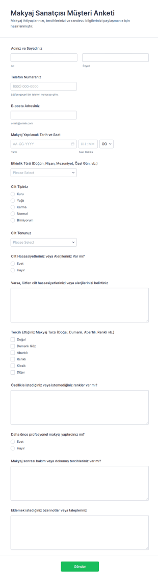 Güzellik Uzmanı Müşteri Anketi Form Şablonu