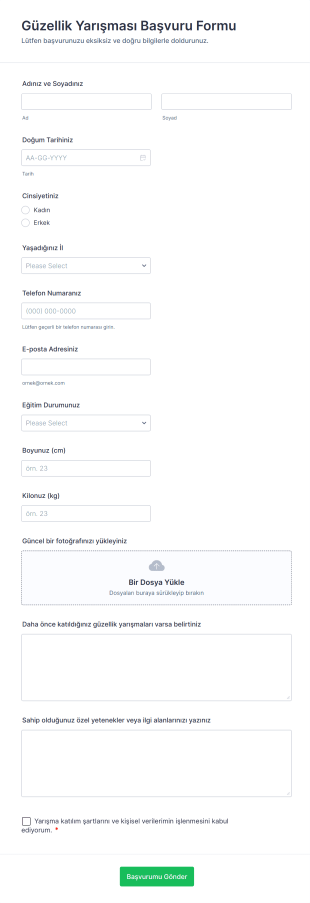 Güzellik Yarışması Başvuru Form Şablonu