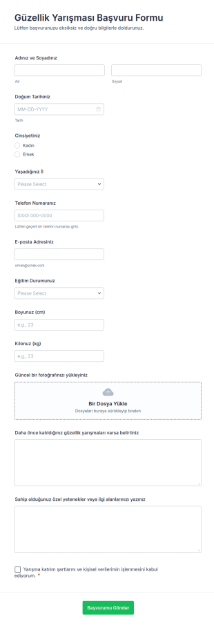Güzellik Yarışması Başvuru Form Şablonu
